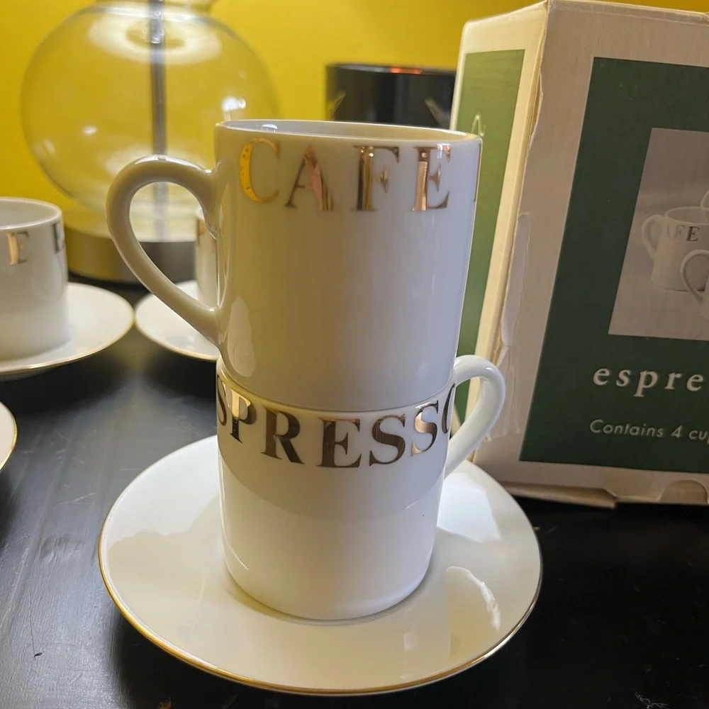 Pier 1 espresso cafe set of 4 white and gold cups and saucers